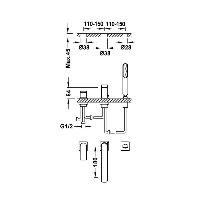 Bateria wannowa Loft - Tres, wylewka 180 mm