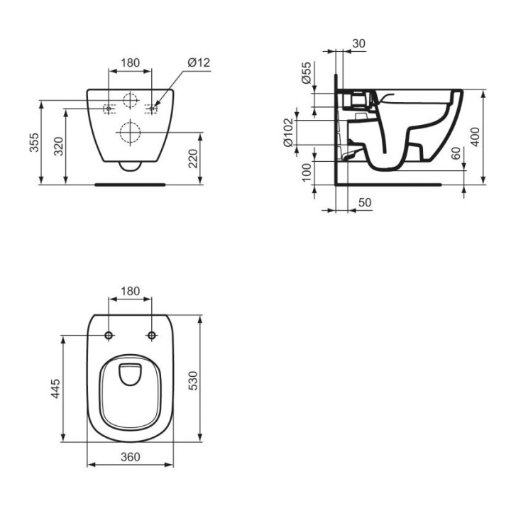 Miska wisząca Ideal Standard Tesi New 53,5x36,5 cm, bezrantowa Rimless - biała