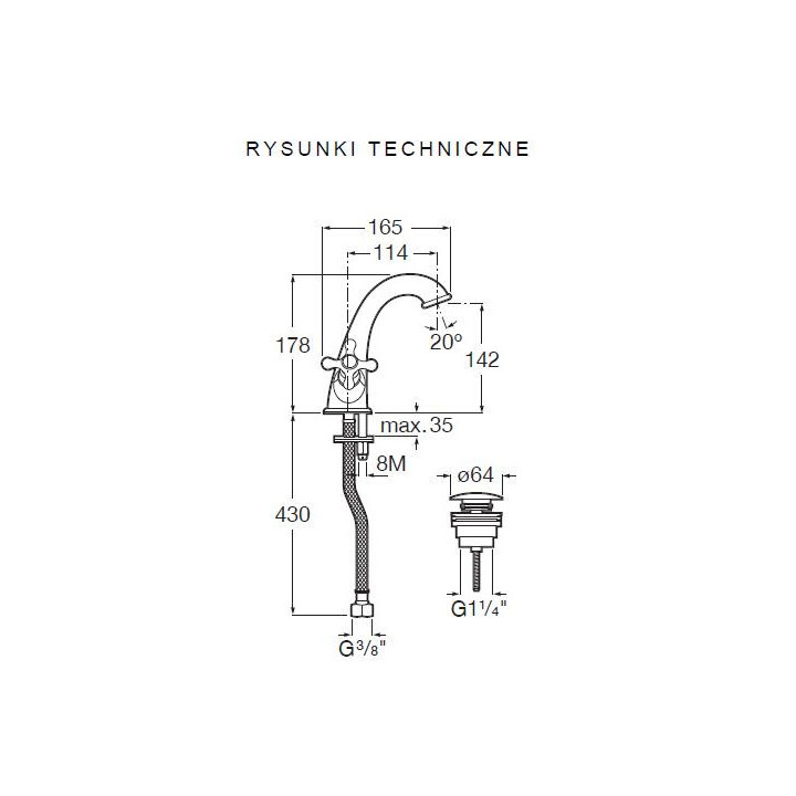 Bateria umywalkowa Roca Cala, stojąca, wysokość 161mm, bez korka, Cold Start, chrom