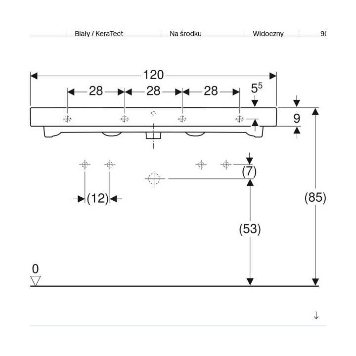 Umywalka prostokątna 120x48,5cm bez otworu  Geberit iCon, biała