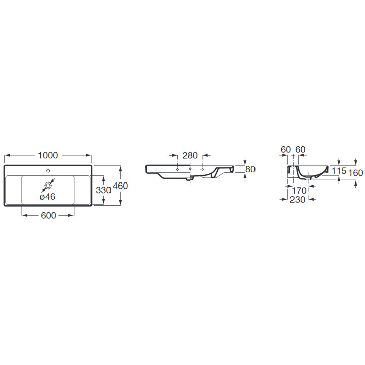 Umywalka nablatowa prostokątna Roca Gap Round, 60x37cm, z przelewem,  czarny mat