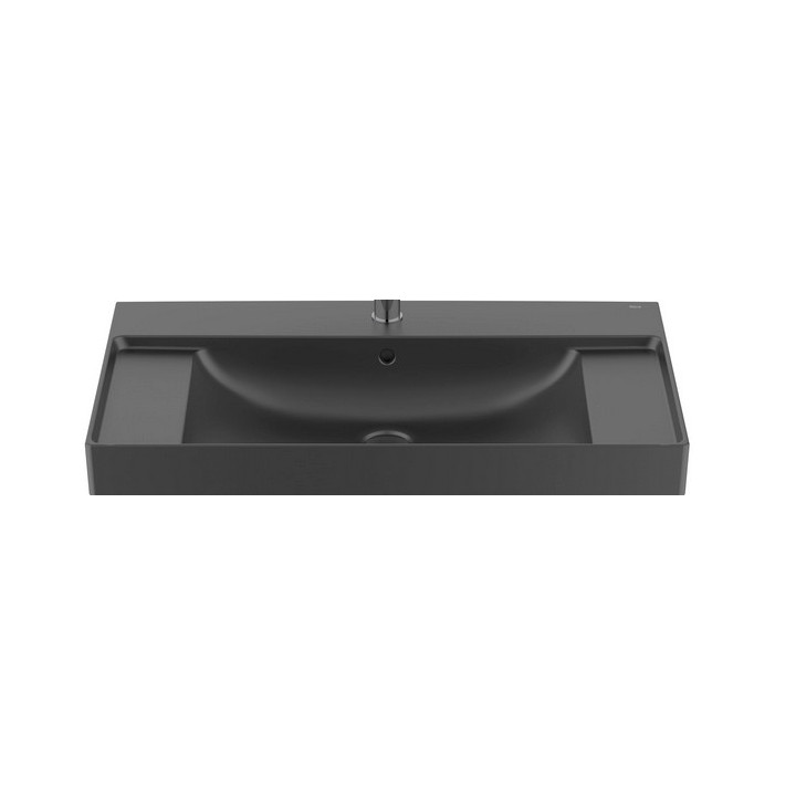 Umywalka ścienna prostokątna Roca Ona Fineceramic, 100x46cm, z przelewem,  czarny mat