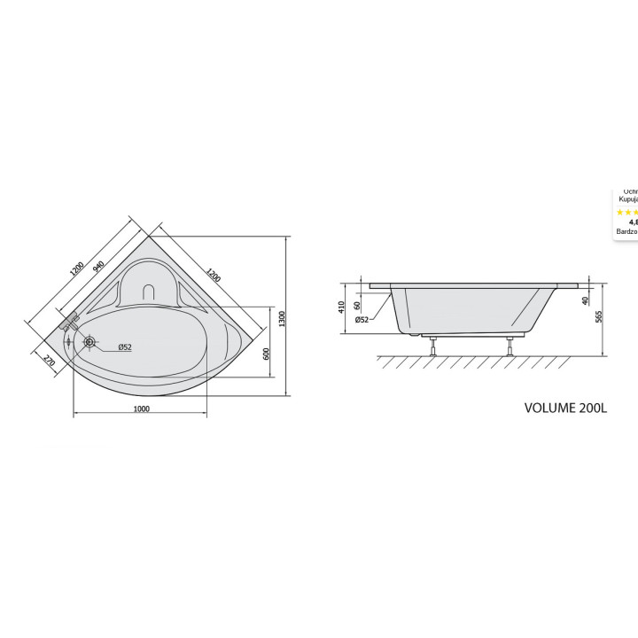 Wanna narożna 145x145x50cm Polysan FLOSS, biała