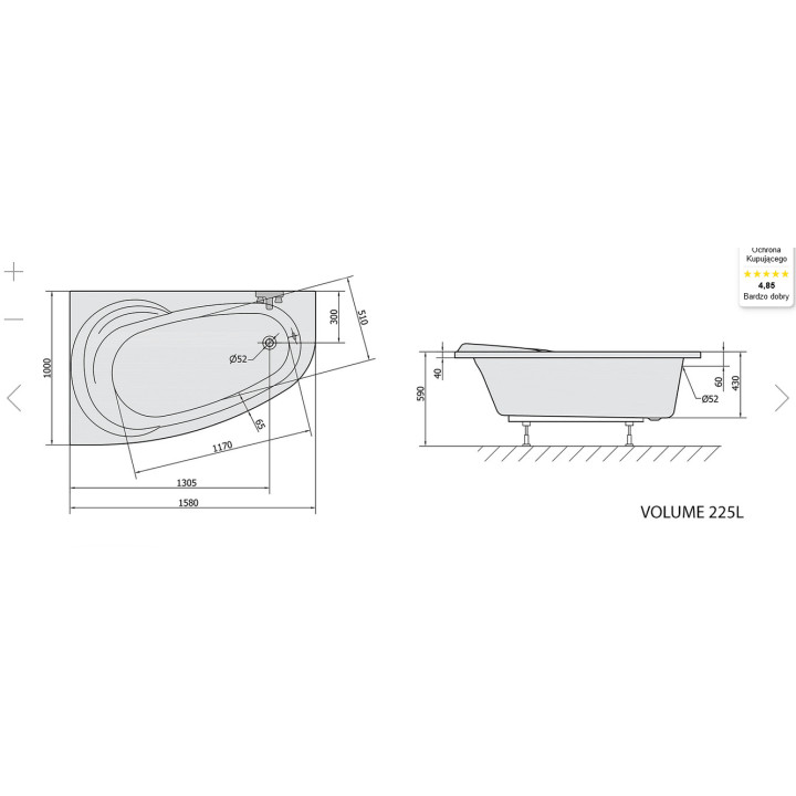 Wanna asymetryczna 170x130x50cm Polysan TANDEM R, prawa, biała