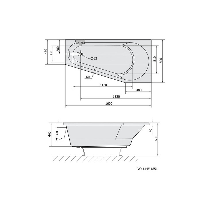 Wanna asymetryczna 160x80x44cm Polysan PROJEKTA L, lewa, biała