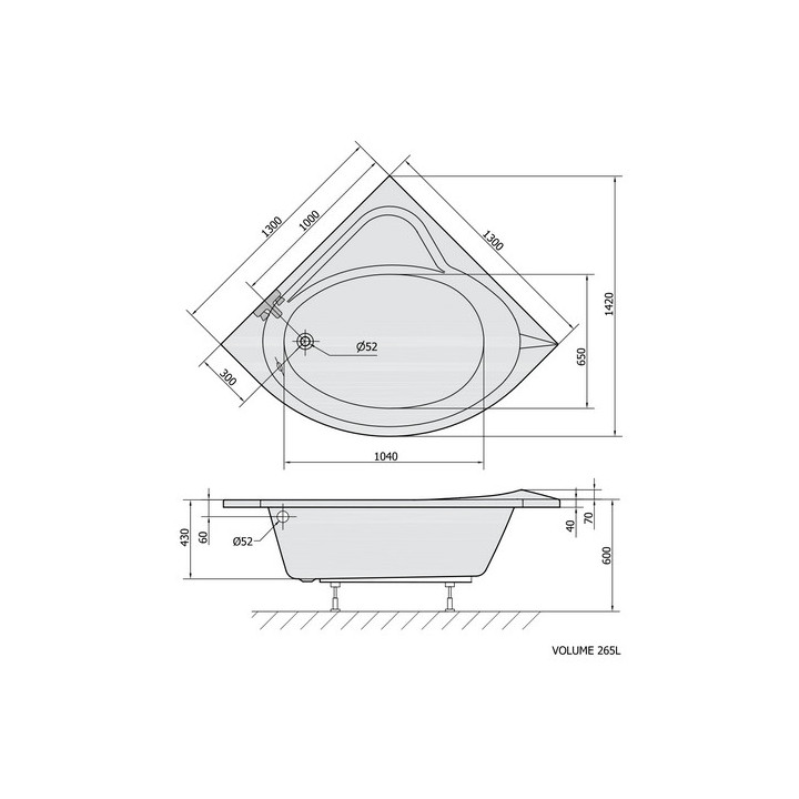 Wanna asymetryczna 180x100x43cm Polysan NAOS R, prawa,  biała