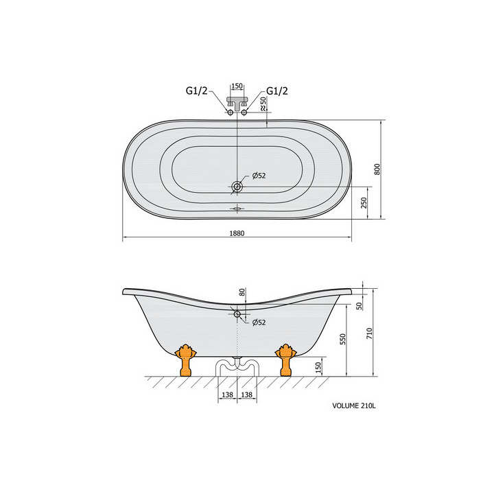 Wanna wolnostojąca 158x73x72cm Polysan RETRO,nogi brąz, biała