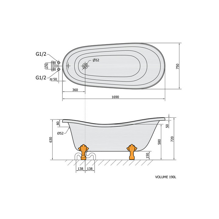 Wanna wolnostojąca 188x80x71cm Polysan CHARLESTON, nogi brąz, biała