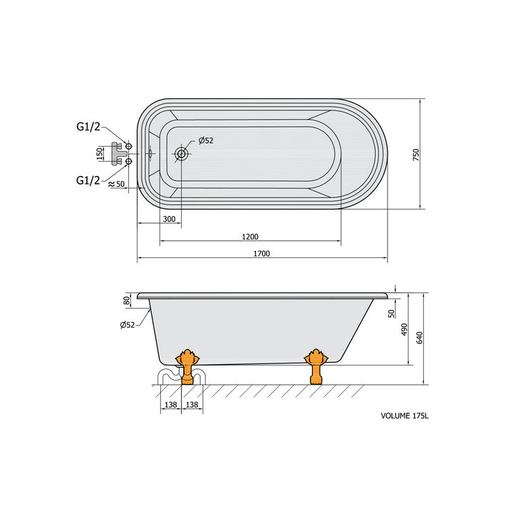 Wanna wolnostojąca 170x75x64cm Polysan FOXTROT, nogi białe, biała