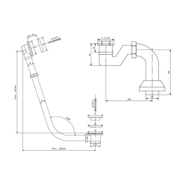 Syfon wannowy do instalacji zewnętrznej z łańcuszkiem i syfonem, Polysan Retro, chrom
