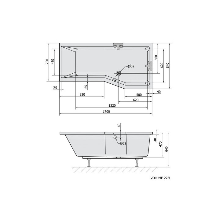 Wanna asymetryczna 170x84x70x47cm Polysan VERSYS L, biała