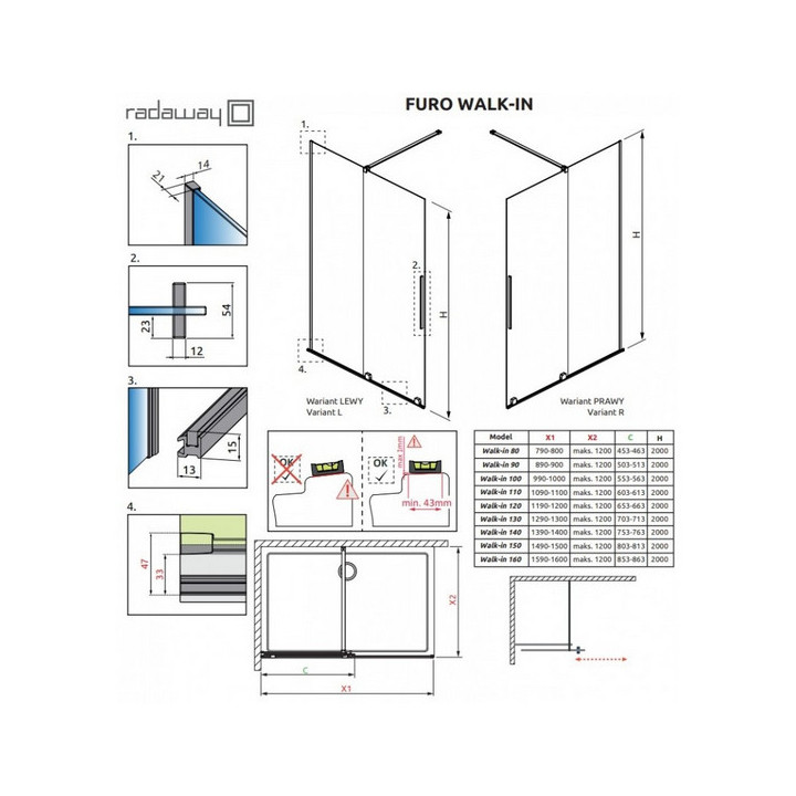 Drzwi przesuwne walk-in Radaway Furo Black, lewe, ze ścianką, 130x200cm, szkło przejrzyste, profil czarny