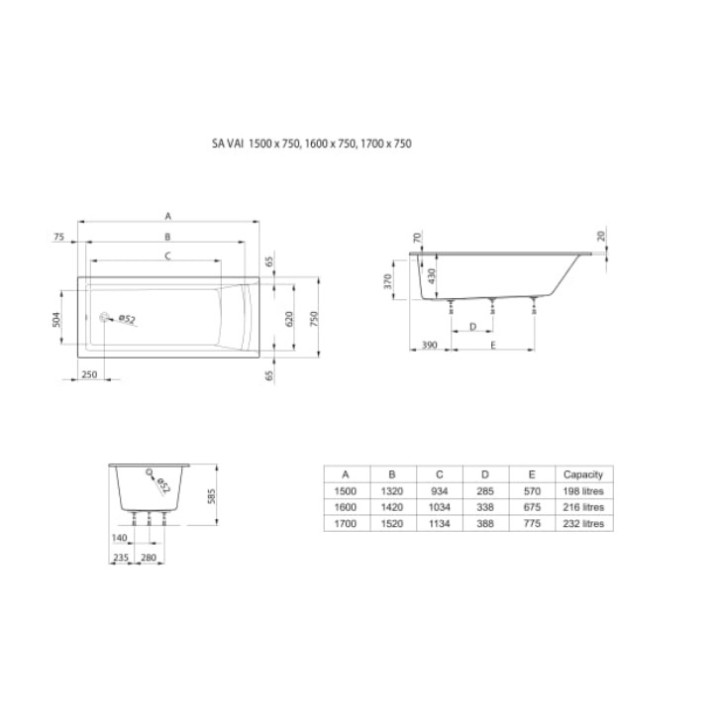 Prostokątna wanna akrylowa Roca SLIM RIM 160 x 75 cm - biała