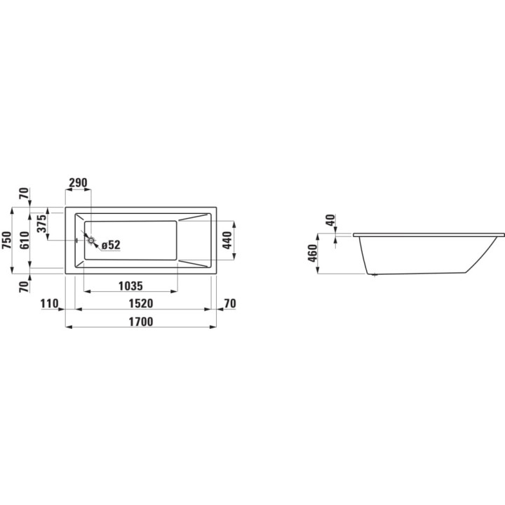 Wanna prostokątna Laufen Pro 170 x 75 x 62 cm, biała, bez stelaża (dostosowana do nóg), H2319500000001