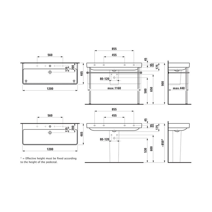 Umywalka podwójna ścienna jednokomorowa 1200 x 460 jeden otwór na baterię mm Laufen Pro S, H8149650001041