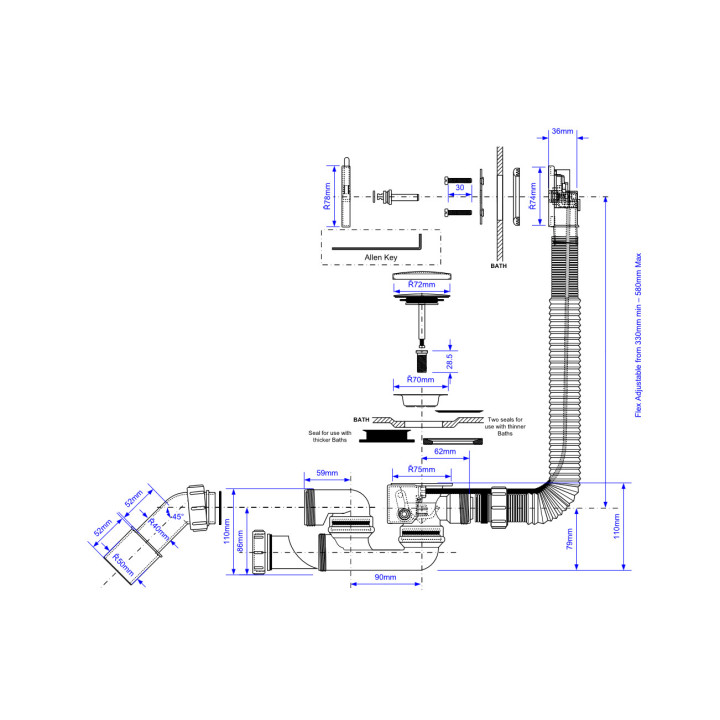 Syfon wannowy McAlpine z korkiem automatyczny przedłużany 1000 mmm chrom 