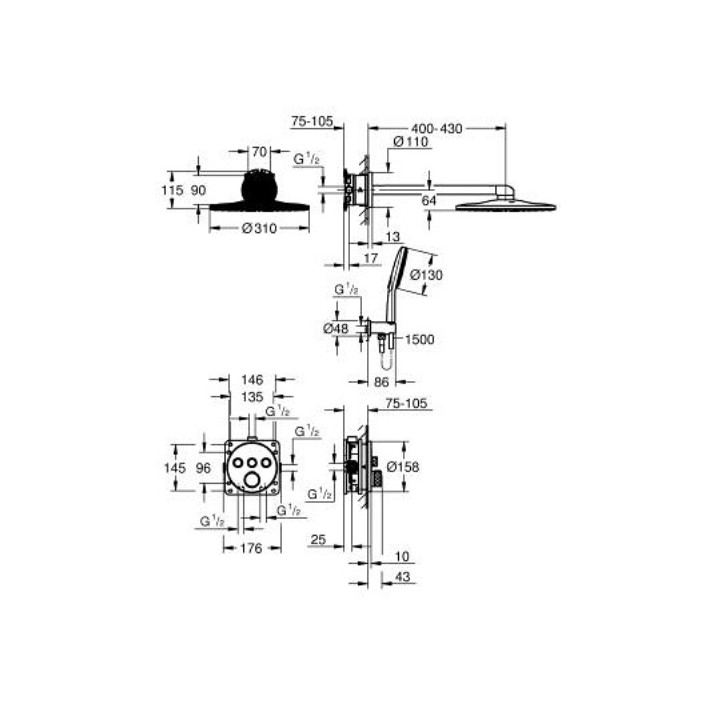 Podtynkowy zestaw prysznicowy z deszczownicą Rainshower smartactive 310, czarny