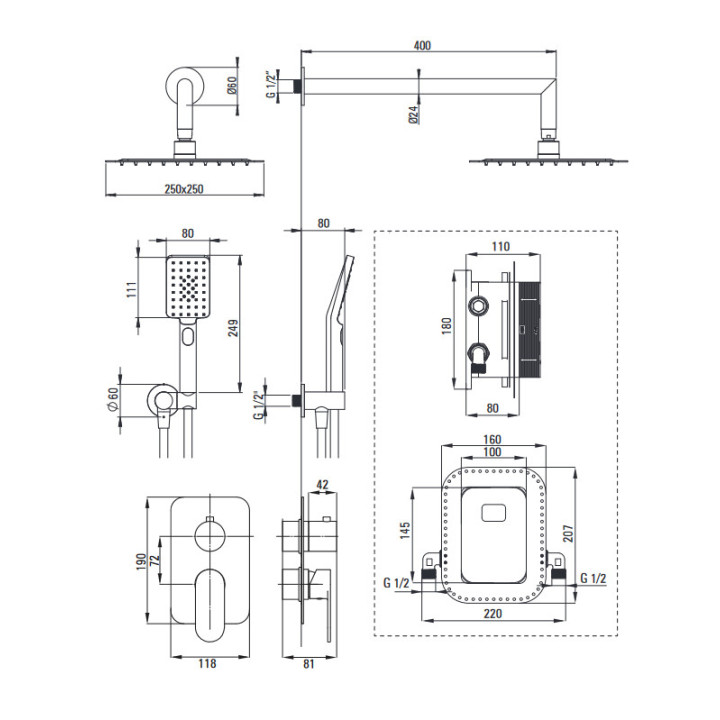 Zestaw prysznicowy podtynkowy z główką prysznicową, Deante Silia, złoto szczotkowane