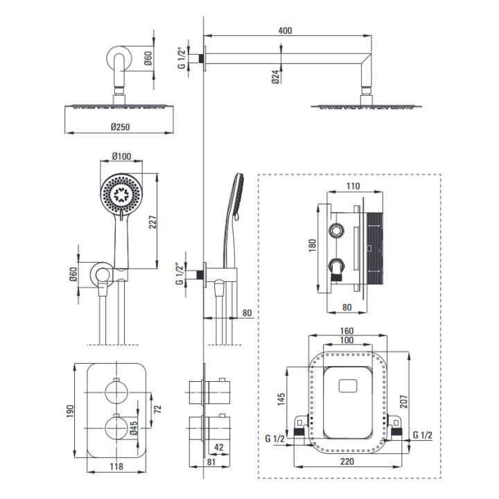 Zestaw prysznicowy podtynkowy z BOXem termostatycznym, Deante Box, chrom