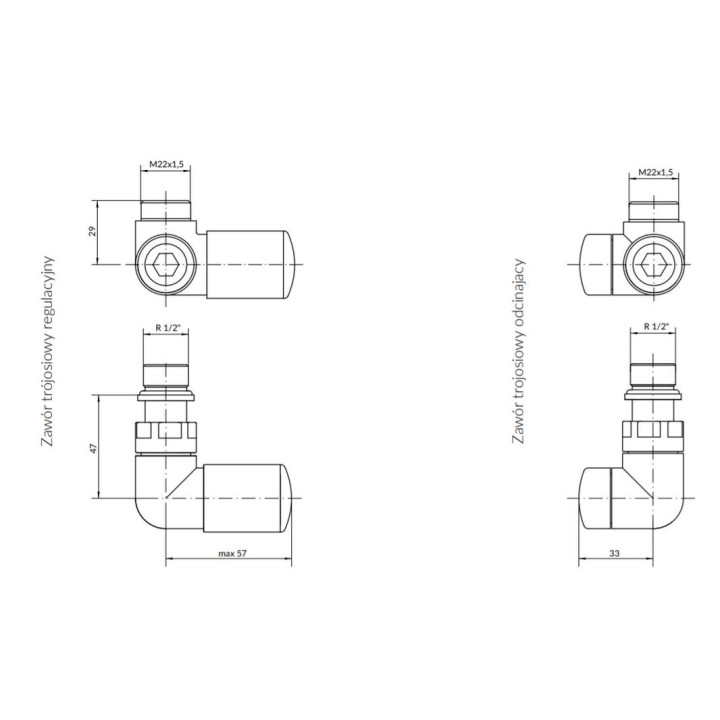 Zestaw trójosiowy regulacyjny osiowy, kątowy Terma Vision All In One, lewy - RAL i kolory specjalne