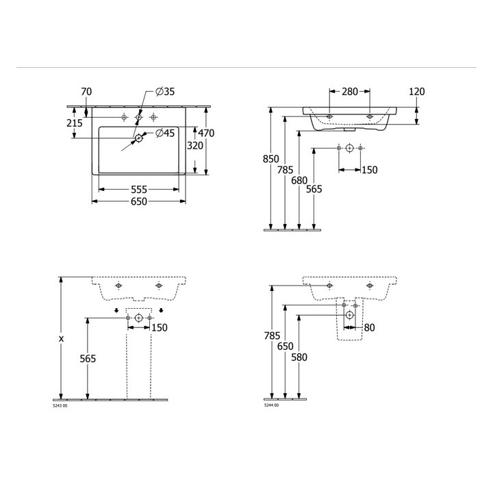 Umywalka prostokątna z przelewem bez otworu na baterię 65x47cm, Villeroy&Boch Subway 3.0, Weiss Alpin CeramicPlus,