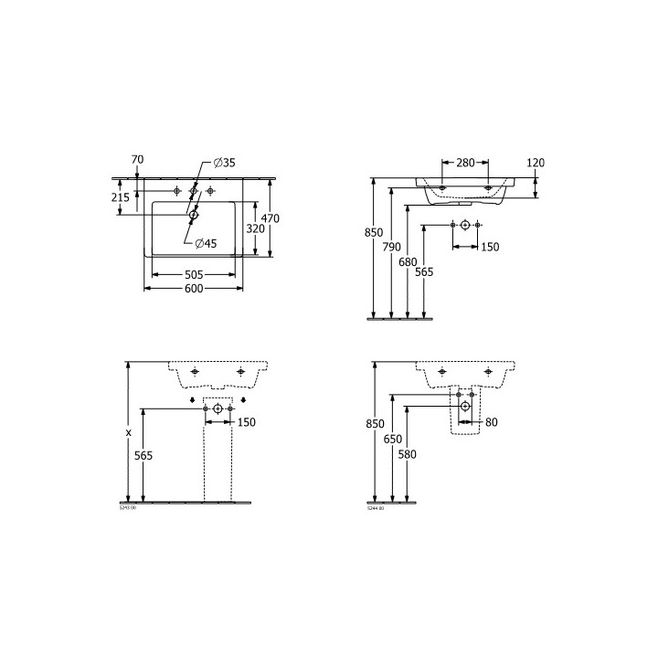 Umywalka prostokątna z przelewem bez otworu na baterię 65x47cm, Villeroy&Boch Subway 3.0, Weiss Alpin CeramicPlus,
