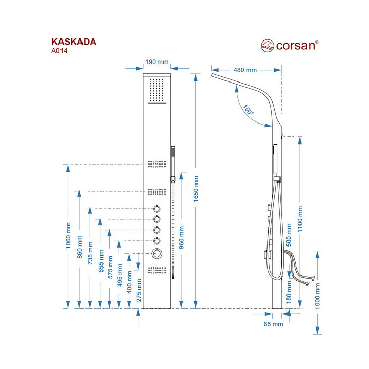 Panel prysznicowy Corsan KASKADA Mieszacz, z wylewką z przełącznikiem ciśnieniowym, biały