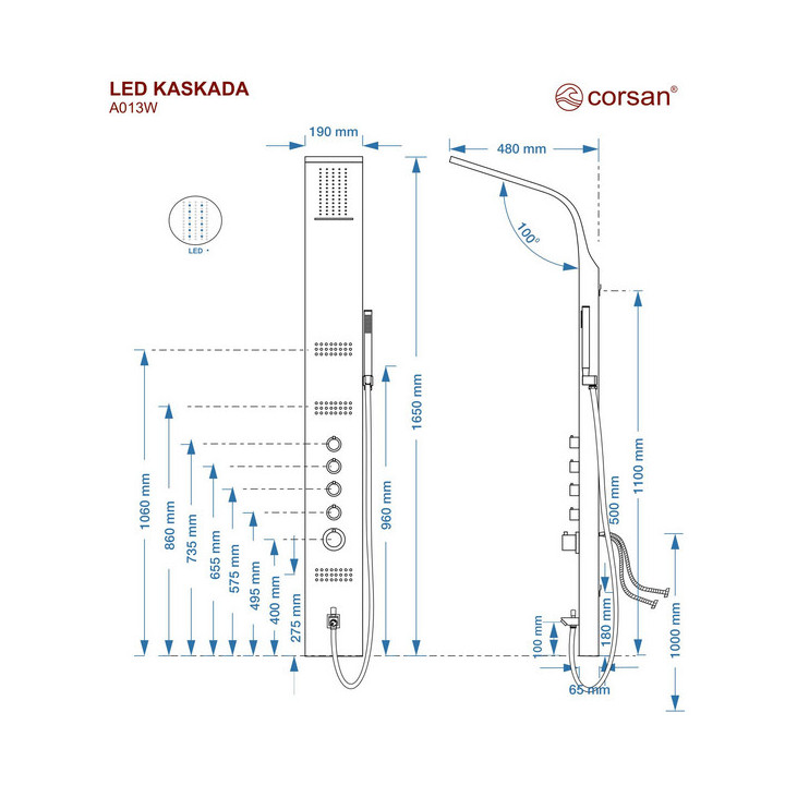 Panel prysznicowy Corsan KASKADA ,Deszczownica LED, termostat, czarny