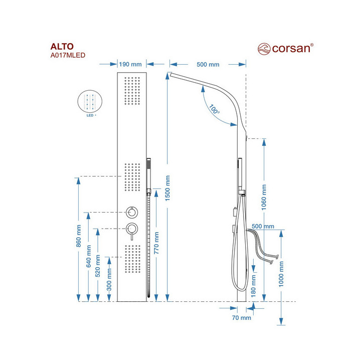 Panel prysznicowy Corsan ALTO, Deszczownica LED, z wylewką z przełącznikiem ciśnieniowym, Srebrny