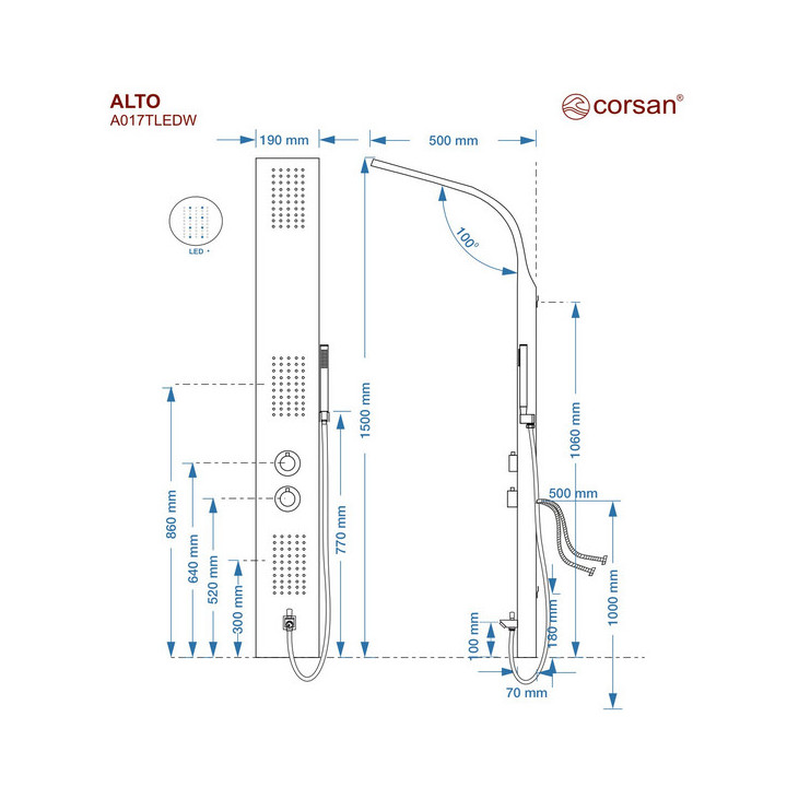 Panel prysznicowy Corsan ALTO, Deszczownica LED, Termostat, biały