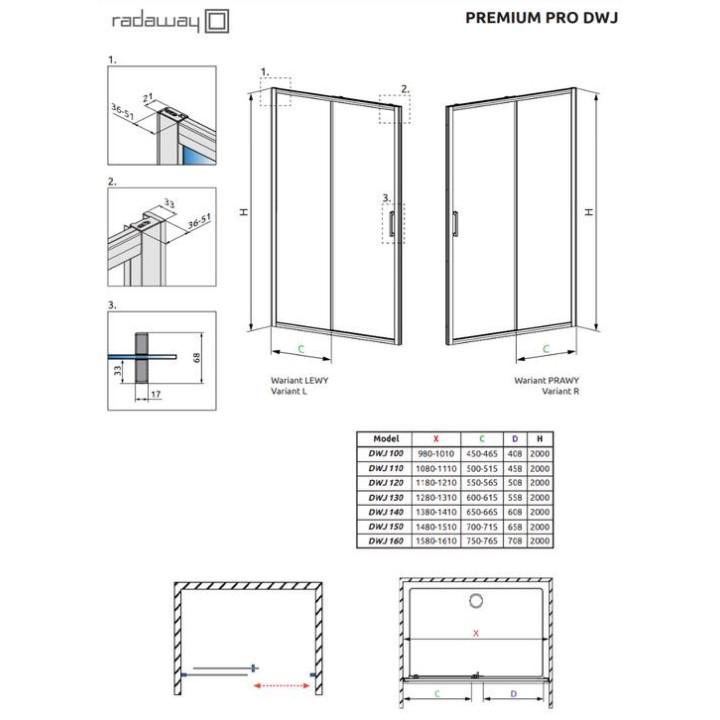 Drzwi prysznicowe do wnęki Radaway Premium Plus DWJ 100 cm, wersja prawa, szkło przejrzyste, profil chrom