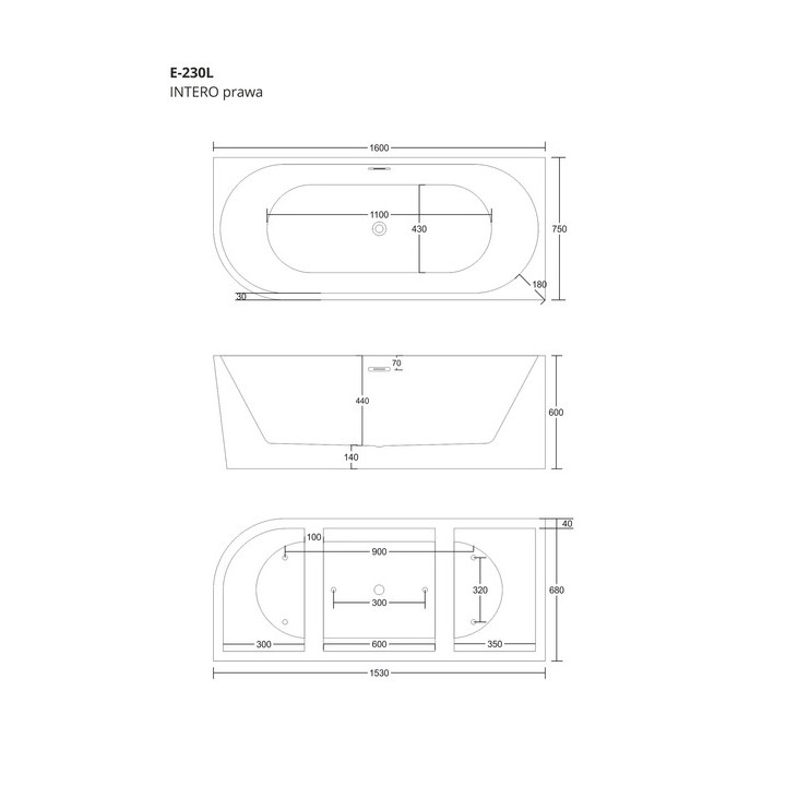 Wanna narożna do montażu przyściennego Corsan INTERO prawa 160 cm z wykończeniem złotym - biała