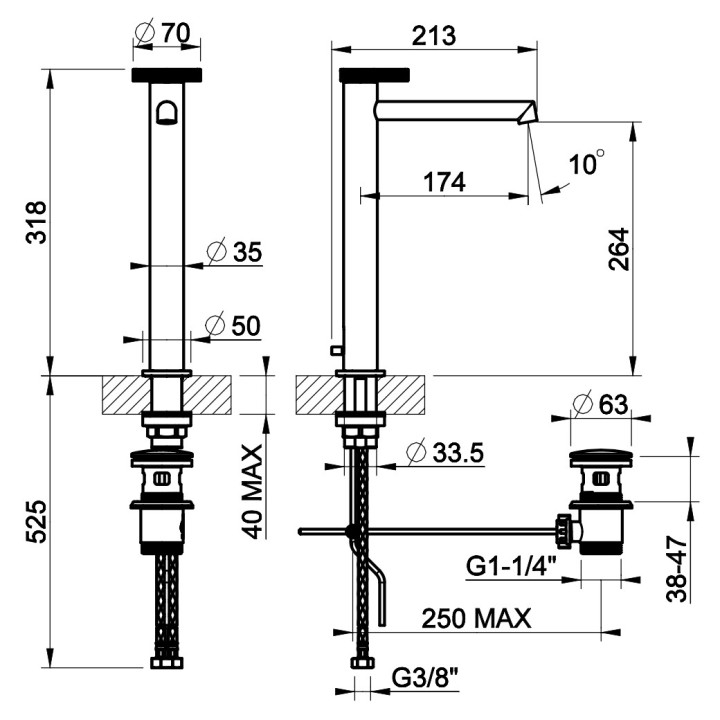 Bateria umywalkowa Gessi Anello, stojąca, wysokość 318mm, wylewka 128mm, korek automatyczny, chrom