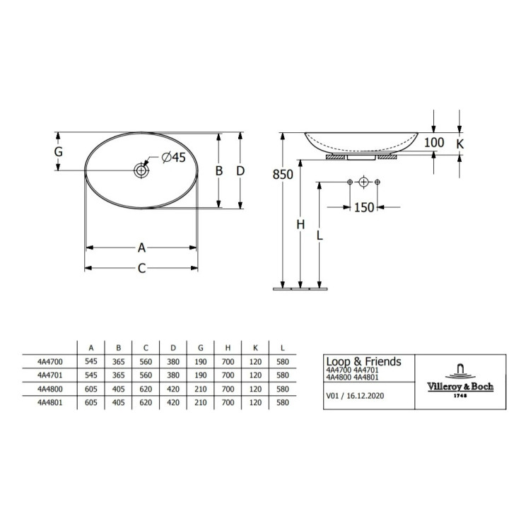 Umywalka stojąca na blacie, Villeroy & Boch Loop& Friends 56x38x12cm, z przelewem, CeramicPlus, grafit