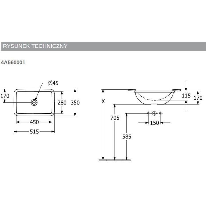 Loop & Friends Umywalka podblatowa, 450 x 280 x 185 mm, Weiss Alpin CeramicPlus, z przelewem