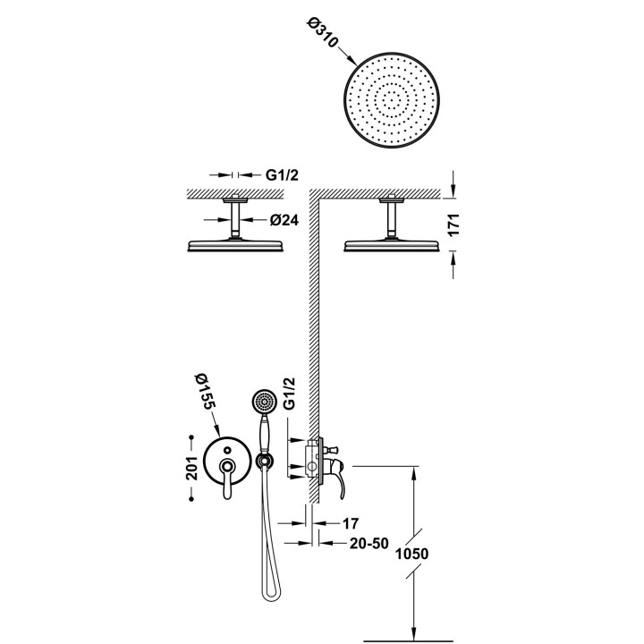 Zestaw natryskowy Tres Clasic, podtynkowy, mosiądz z efektem postarzania