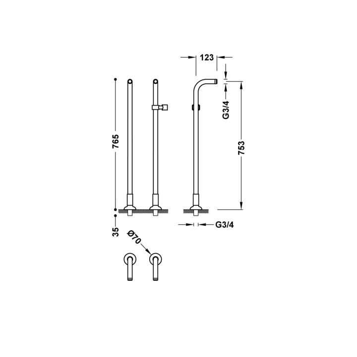 Bateria wannowa i prysznicowa Tres-Clasic termostatyczna, naścienna - mosiądz antyczny