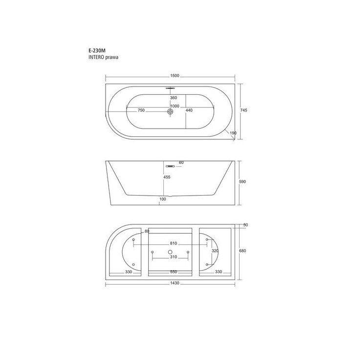 Wanna przyścienna wolnostojąca Corsan Mono 150cm z szeroką krawędzią i wykończeniem czarnym - biała