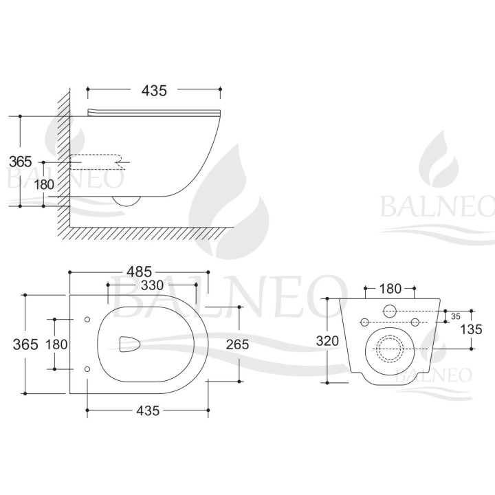 Miska podwieszana WC Balneo Luna Tornado 36,5x48,5 cm, biała bez kołnierza z deską wolnoopadającą z duroplastu