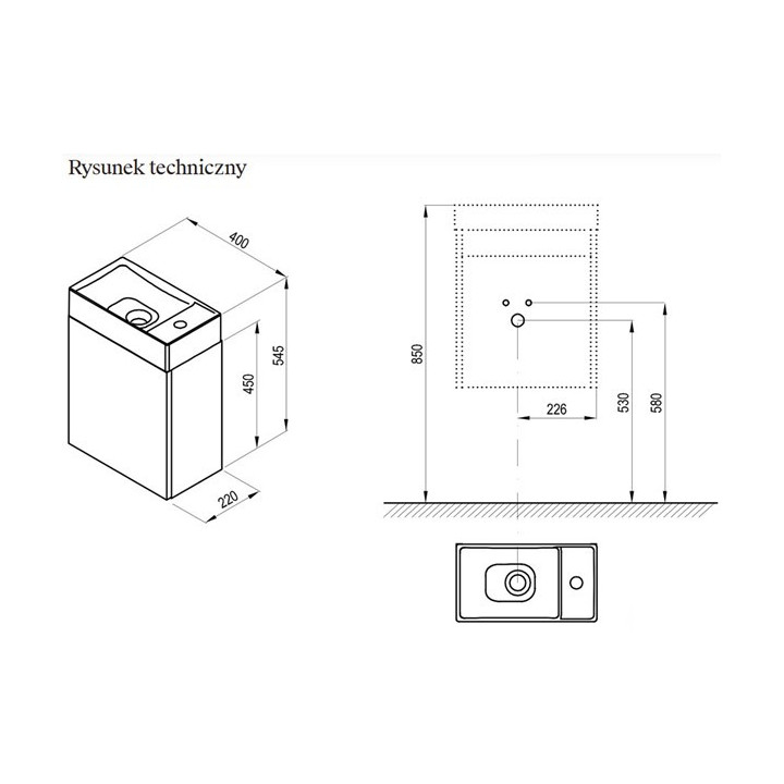 Szafka pod umywalkę mini Ravak SD Classic II 40x22x50 cm, wisząca, wersja lewa - biały połysk
