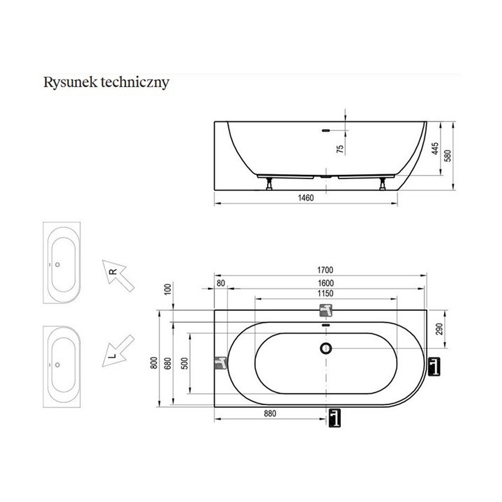 Wanna wolnostojąca Ravak Freedom Corner II Tec 175x86 cm, wariant prawy - Smoke Grey-biała, osłona odpływu biała