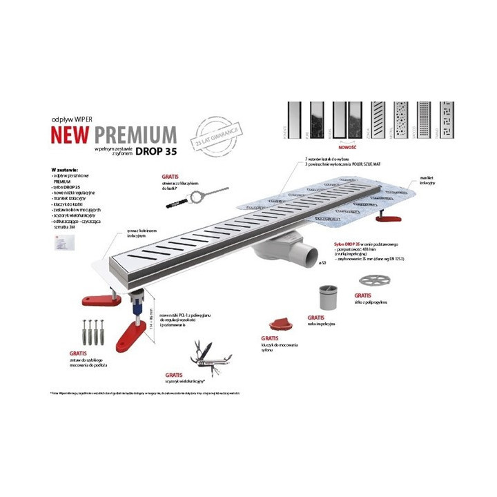 Odpływ liniowy, pełny zestaw,  Wiper New Premium, 600mm, wzór Ponente, wykończenie szlif