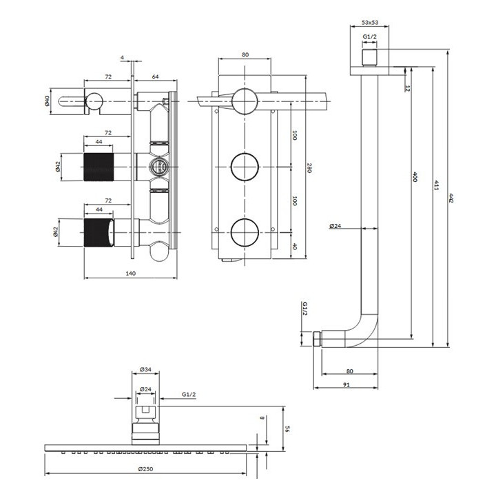 System prysznicowy Omnires Contour, podtynkowy, 2 wyjscia wody, deszczownica okrągła 250mm, słuchawka 1-funkcyjna, złoty szczotk