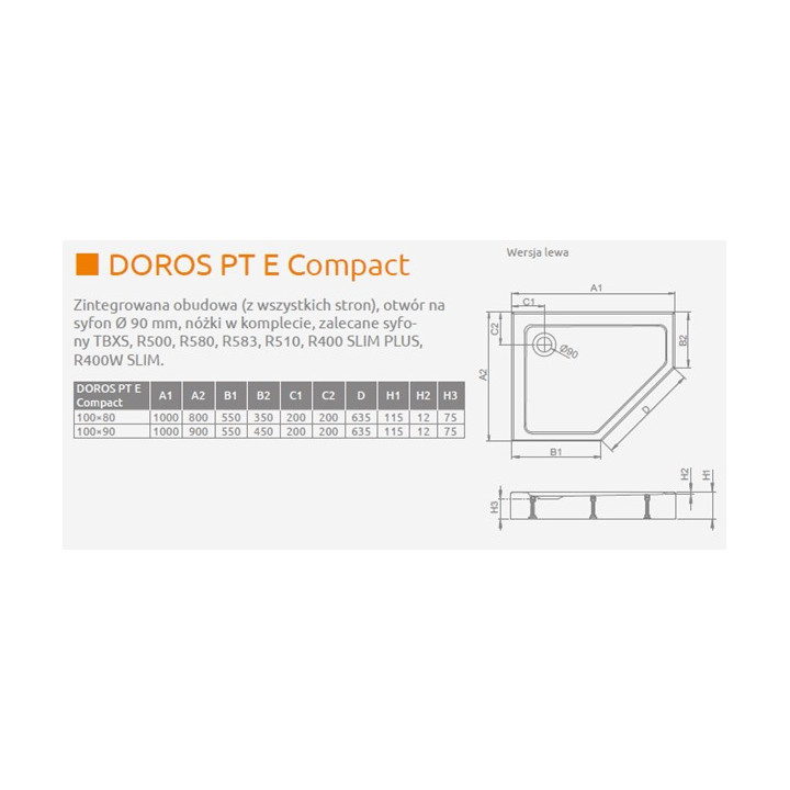 Brodzik pięciokątny lewy z obudową Radaway Doros PT E Compact 100x80cm biały
