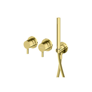 Bateria wannowa 3-otworowa Kohlman Axel, stojąca, wylewka 190mm, 2 wyjścia wody, zestaw natryskowy, złoty połysk