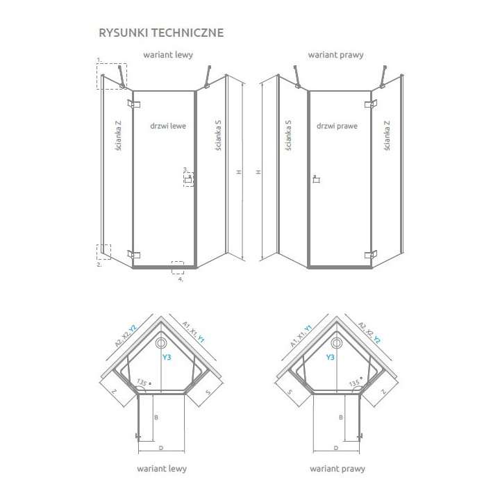 Kabina pięciokątna Essenza PTJ 90x90 drzwi prawe, szkło przejrzyste, Radaway ESSENZA PTJ - Chrom