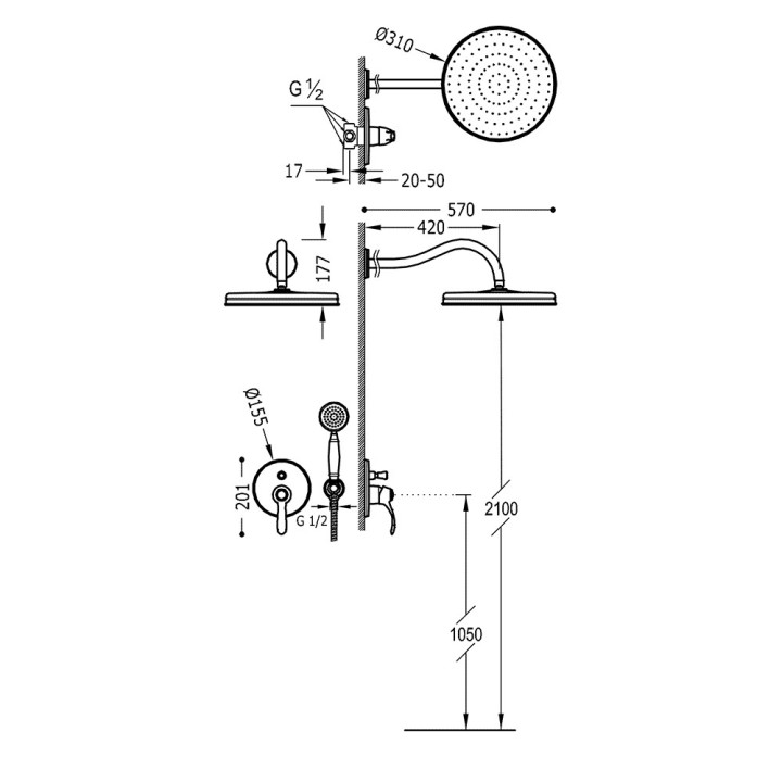 Zestaw natryskowy Tres Clasic, podtynkowy, bateria termostatyczna, stal