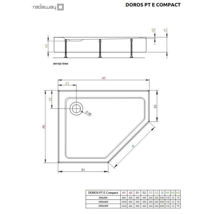 Brodzik pięciokątny Radaway Doros Plus PT E, 100x90cm, prawy, akrylowy, biały