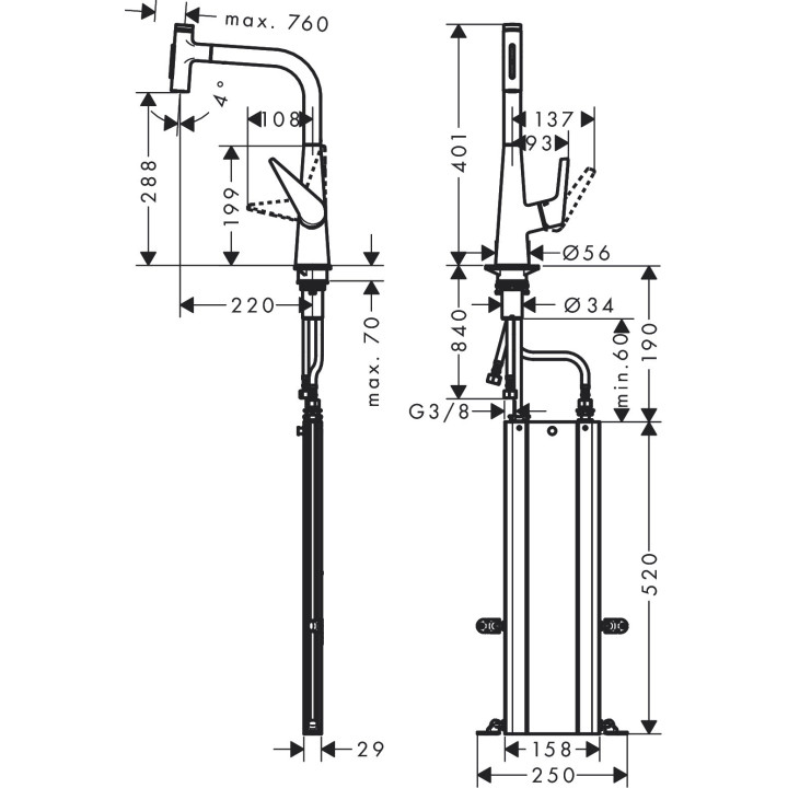 Bateria kuchenna Hansgrohe Metris Select M71, jednouchwytowa 240, wyciągana wylewka, 2jet, sBox - stal szlachetna finish