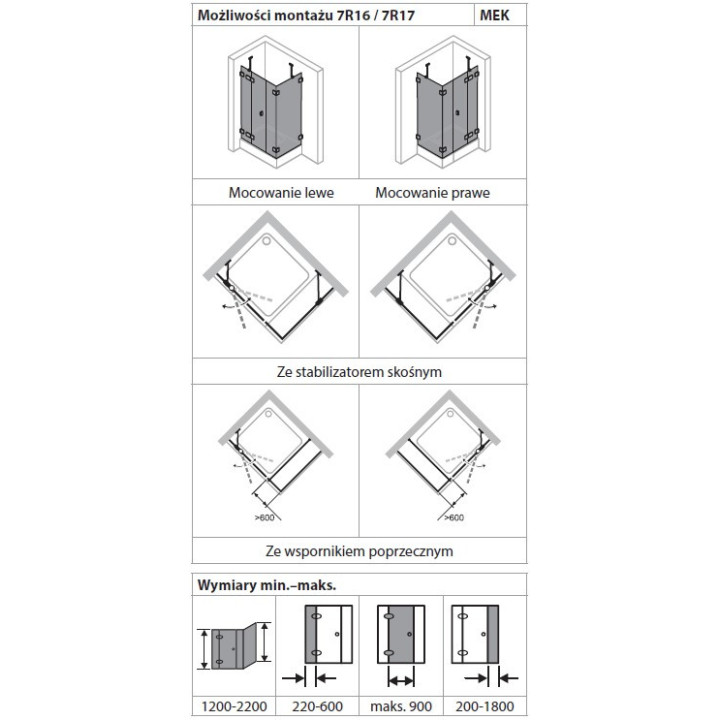 Kabina prysznicowa 4-kąt bezramowa Huppe SolvaPro, drzwi skrzydłowe ze stałym segmentem i ścianką boczną, mocowanie prawe, 700-1